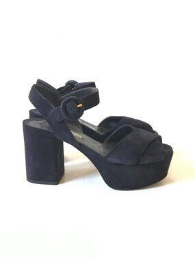 Prada Suede Platform Sandals Womens 36 6 Navy Blue Buckle Open Toe Padded Heels